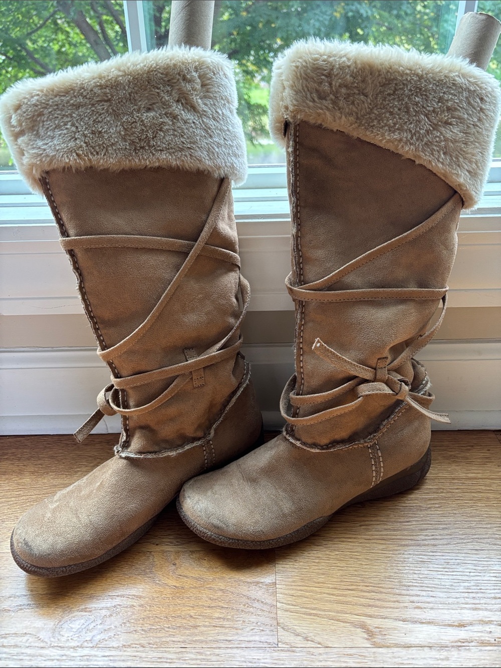 Relativity Brown Faux-Fur Cuff Knee-High Wrap Boots